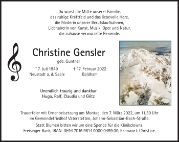 Traueranzeige von Christine Gensler von Süddeutsche Zeitung