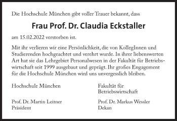 Traueranzeige von Claudia Eckstaller von Süddeutsche Zeitung