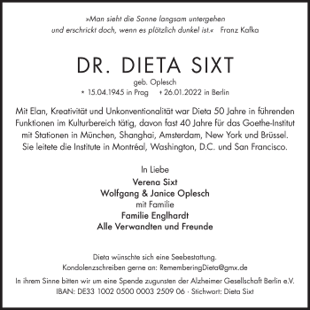 Traueranzeige von Dieta Sixt von Süddeutsche Zeitung