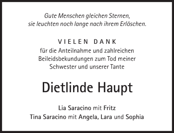 Traueranzeige von Dietlinde Haupt von Süddeutsche Zeitung
