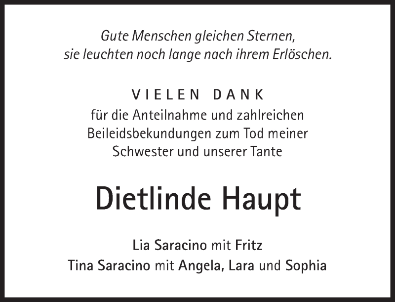 Traueranzeige für Dietlinde Haupt vom 05.02.2022 aus Süddeutsche Zeitung