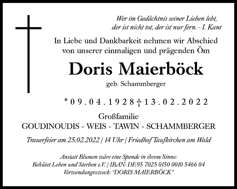  Traueranzeige für Doris Maierböck vom 19.02.2022 aus Süddeutsche Zeitung