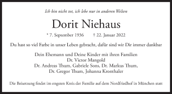 Traueranzeige von Dorit Niehaus von Süddeutsche Zeitung