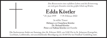 Traueranzeige von Edda Köstler von Süddeutsche Zeitung