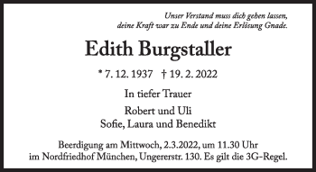 Traueranzeige von Edith Burgstaller von Süddeutsche Zeitung