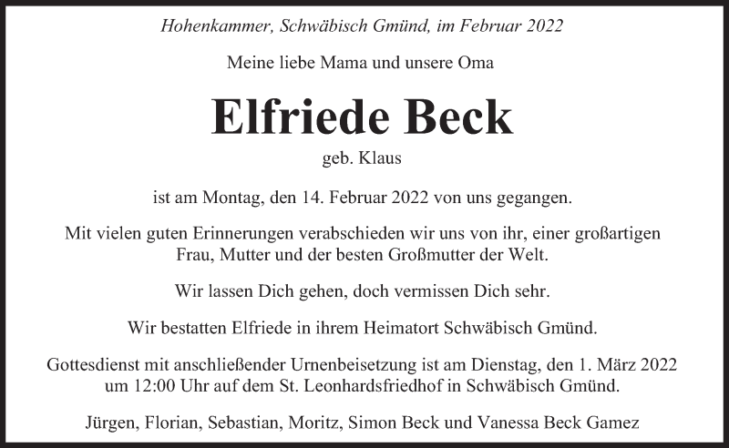  Traueranzeige für Elfriede Beck vom 26.02.2022 aus Süddeutsche Zeitung