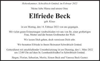 Traueranzeige von Elfriede Beck von Süddeutsche Zeitung