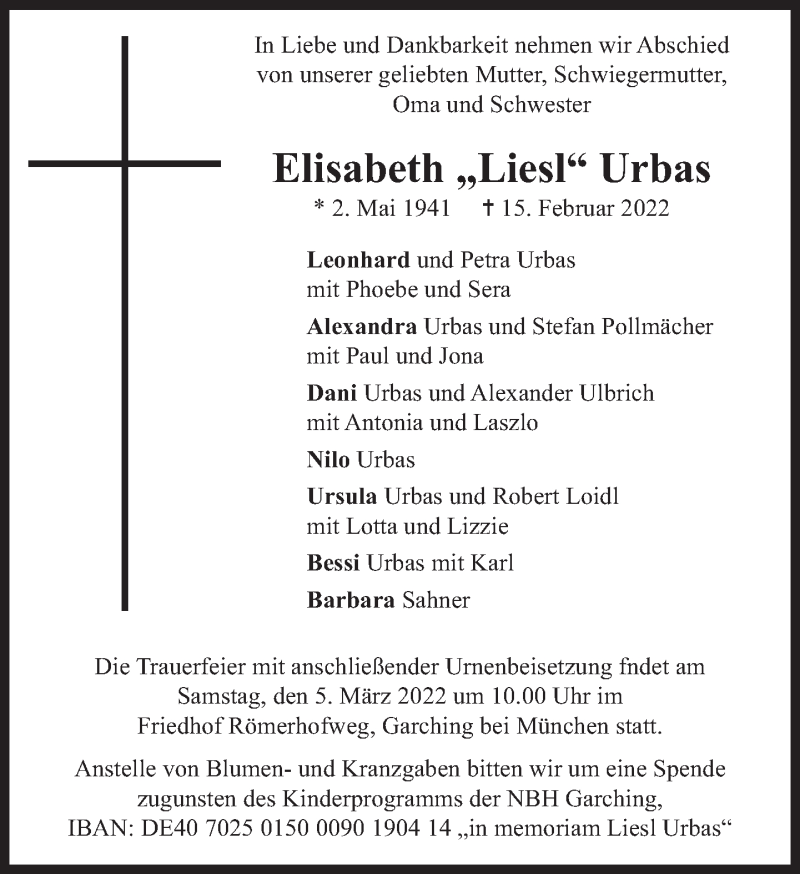  Traueranzeige für Elisabeth Urbas vom 26.02.2022 aus Süddeutsche Zeitung