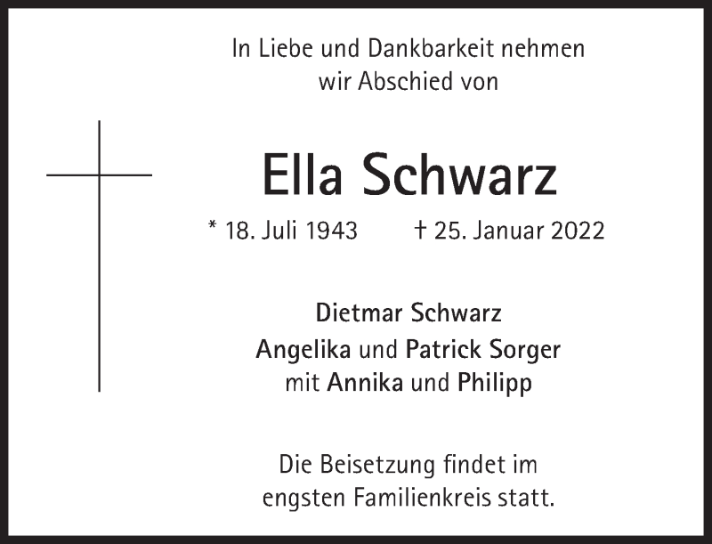  Traueranzeige für Ella Schwarz vom 19.02.2022 aus Süddeutsche Zeitung