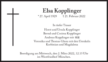 Traueranzeige von Elsa Kopplinger von Süddeutsche Zeitung