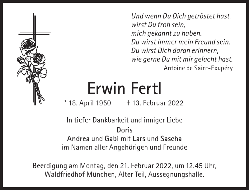  Traueranzeige für Erwin Fertl vom 19.02.2022 aus Süddeutsche Zeitung