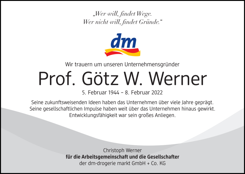  Traueranzeige für Götz Werner vom 12.02.2022 aus Süddeutsche Zeitung