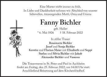 Traueranzeige von Fanny Bichler von Süddeutsche Zeitung