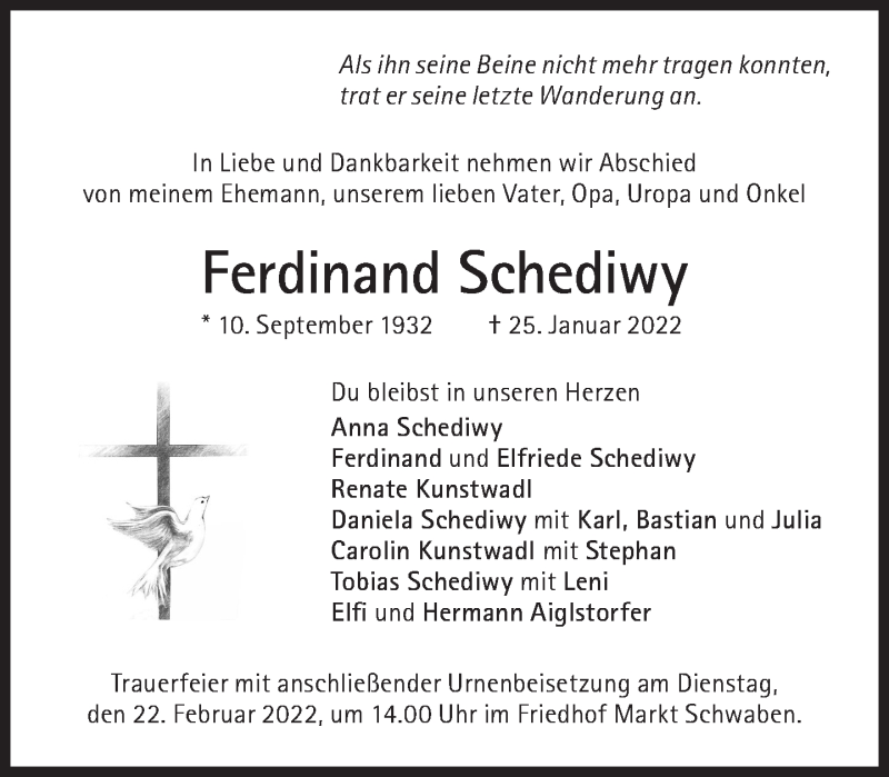  Traueranzeige für Ferdinand Schediwy vom 19.02.2022 aus Süddeutsche Zeitung
