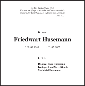 Traueranzeige von Friedwart Husemann von Süddeutsche Zeitung
