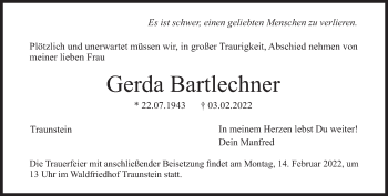 Traueranzeige von Gerda Bartlechner von Süddeutsche Zeitung