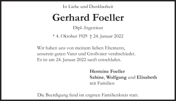 Traueranzeige von Gerhard Foeller von Süddeutsche Zeitung
