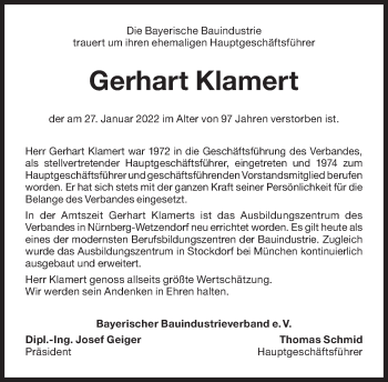 Traueranzeige von Gerhart Klamert von Süddeutsche Zeitung