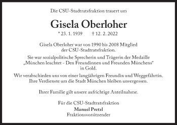 Traueranzeige von Gisela Oberloher von Süddeutsche Zeitung