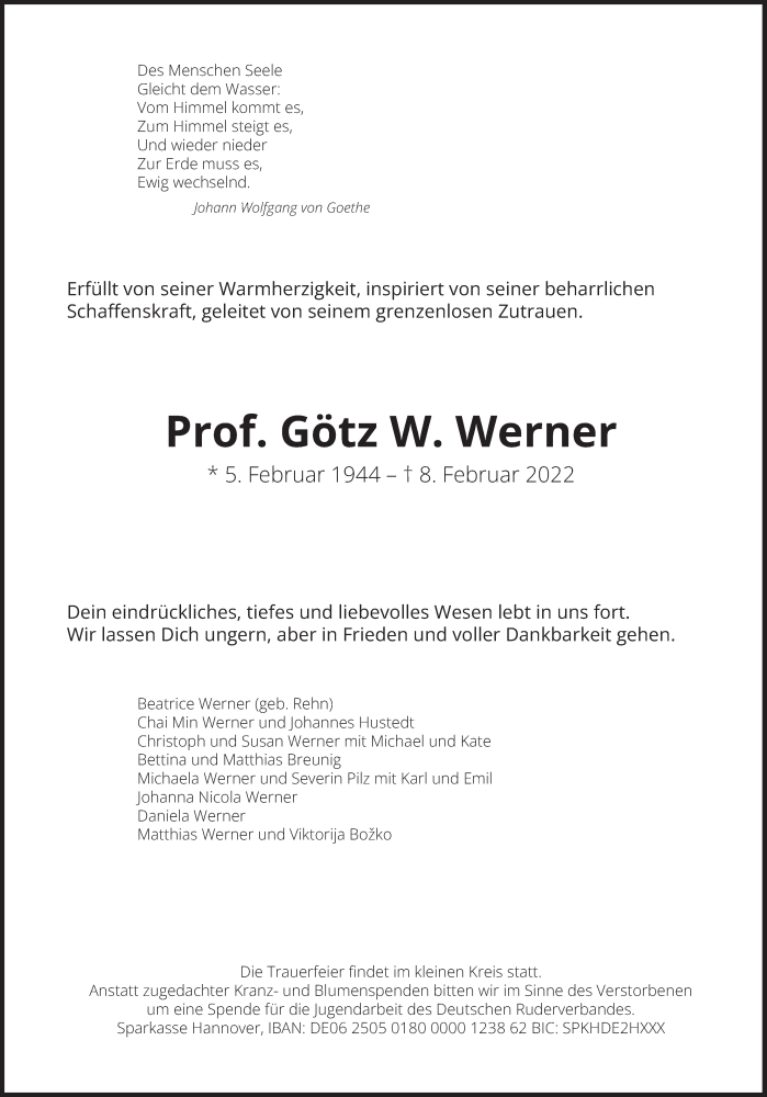  Traueranzeige für Götz Werner vom 12.02.2022 aus Süddeutsche Zeitung
