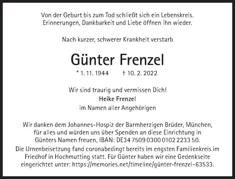  Traueranzeige für Günter Frenzel vom 26.02.2022 aus Süddeutsche Zeitung