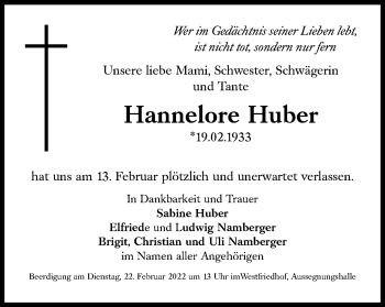 Traueranzeige von Hannelore Huber von Süddeutsche Zeitung