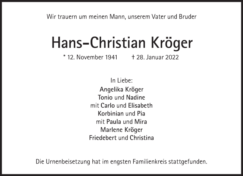  Traueranzeige für Hans-Christian Kröger vom 12.02.2022 aus Süddeutsche Zeitung