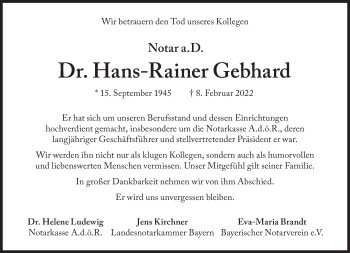 Traueranzeige von Hans-Rainer Gebhard von Süddeutsche Zeitung