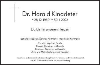 Traueranzeige von Harald Kinadeter von Süddeutsche Zeitung