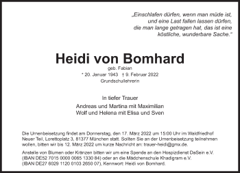 Traueranzeige von Heidi  von Bomhard von Süddeutsche Zeitung