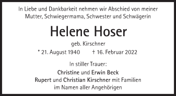 Traueranzeige von Helene Hoser von Süddeutsche Zeitung