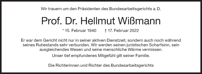 Traueranzeige für Hellmut Wißmann vom 26.02.2022 aus Süddeutsche Zeitung