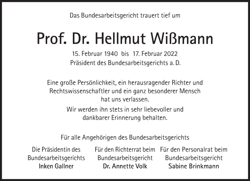  Traueranzeige für Hellmut Wißmann vom 26.02.2022 aus Süddeutsche Zeitung