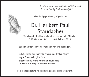 Traueranzeige von Heribert Paul Staudacher von Süddeutsche Zeitung