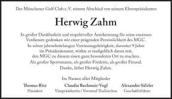 Traueranzeige von Herwig Zahm von Süddeutsche Zeitung