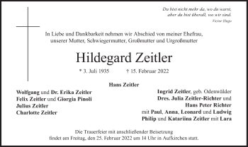 Traueranzeige von Hildegard Zeitler von Süddeutsche Zeitung