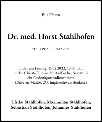 Traueranzeige von Horst Stahlhofen von Süddeutsche Zeitung