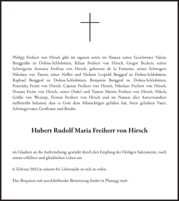 Traueranzeige von Hubert Rudolf Maria Freiherr von Hirsch von Süddeutsche Zeitung