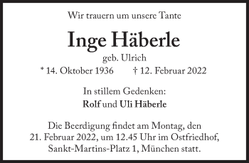 Traueranzeige von Inge Häberle von Süddeutsche Zeitung