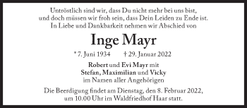 Traueranzeige von Inge Mayr von Süddeutsche Zeitung