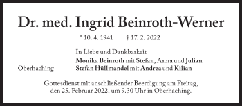 Traueranzeige von Ingrid Beinroth-Werner von Süddeutsche Zeitung