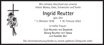 Traueranzeige von Ingrid Reutter von Süddeutsche Zeitung