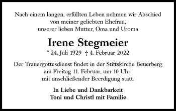 Traueranzeige von Irene Stegmeier von Süddeutsche Zeitung