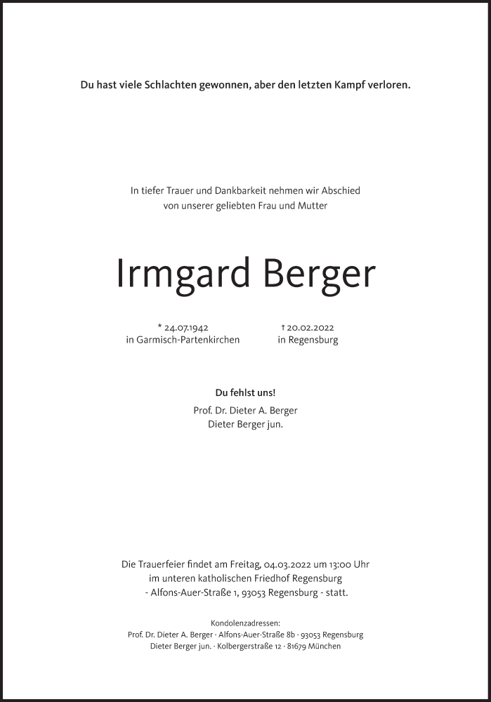  Traueranzeige für Irmgard Berger vom 26.02.2022 aus Süddeutsche Zeitung