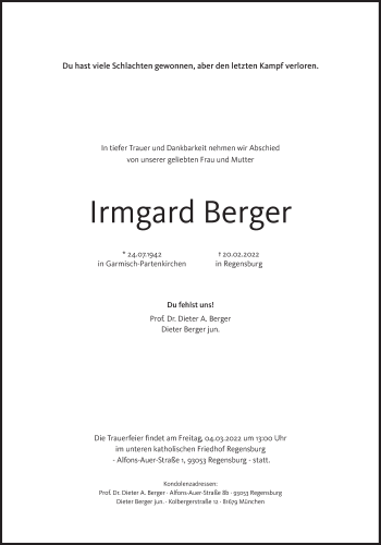 Traueranzeige von Irmgard Berger von Süddeutsche Zeitung