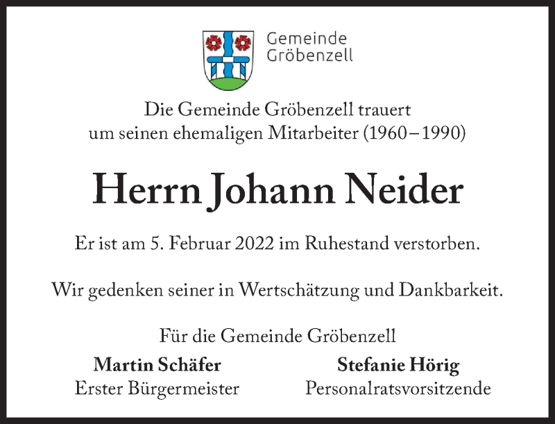  Traueranzeige für Johann Neider vom 23.02.2022 aus Süddeutsche Zeitung
