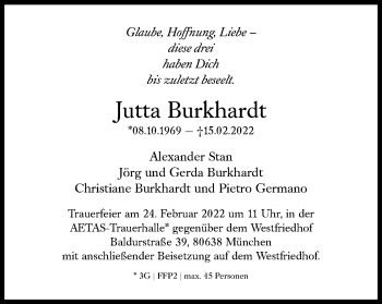Traueranzeige von Jutta Burkhardt von Süddeutsche Zeitung