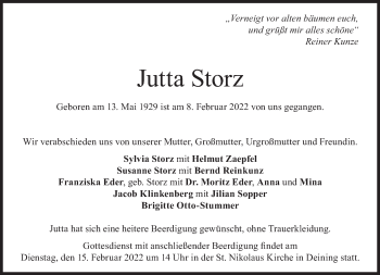 Traueranzeige von Jutta Storz von Süddeutsche Zeitung