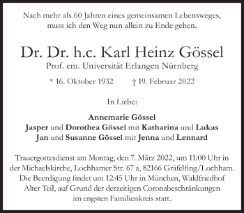 Traueranzeige von Karl Heinz Gössel von Süddeutsche Zeitung