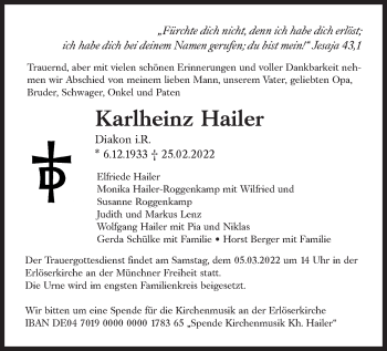 Traueranzeige von Karlheinz Hailer von Süddeutsche Zeitung